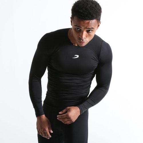 Man in black compression long sleeved t-shirt made from mesh fabric and targeted ventilation panels with white boxraw strike logo on the chest