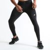 Man in black compression leggings/tights with wide elastic waistband and a white 3D strike logo on the leg.